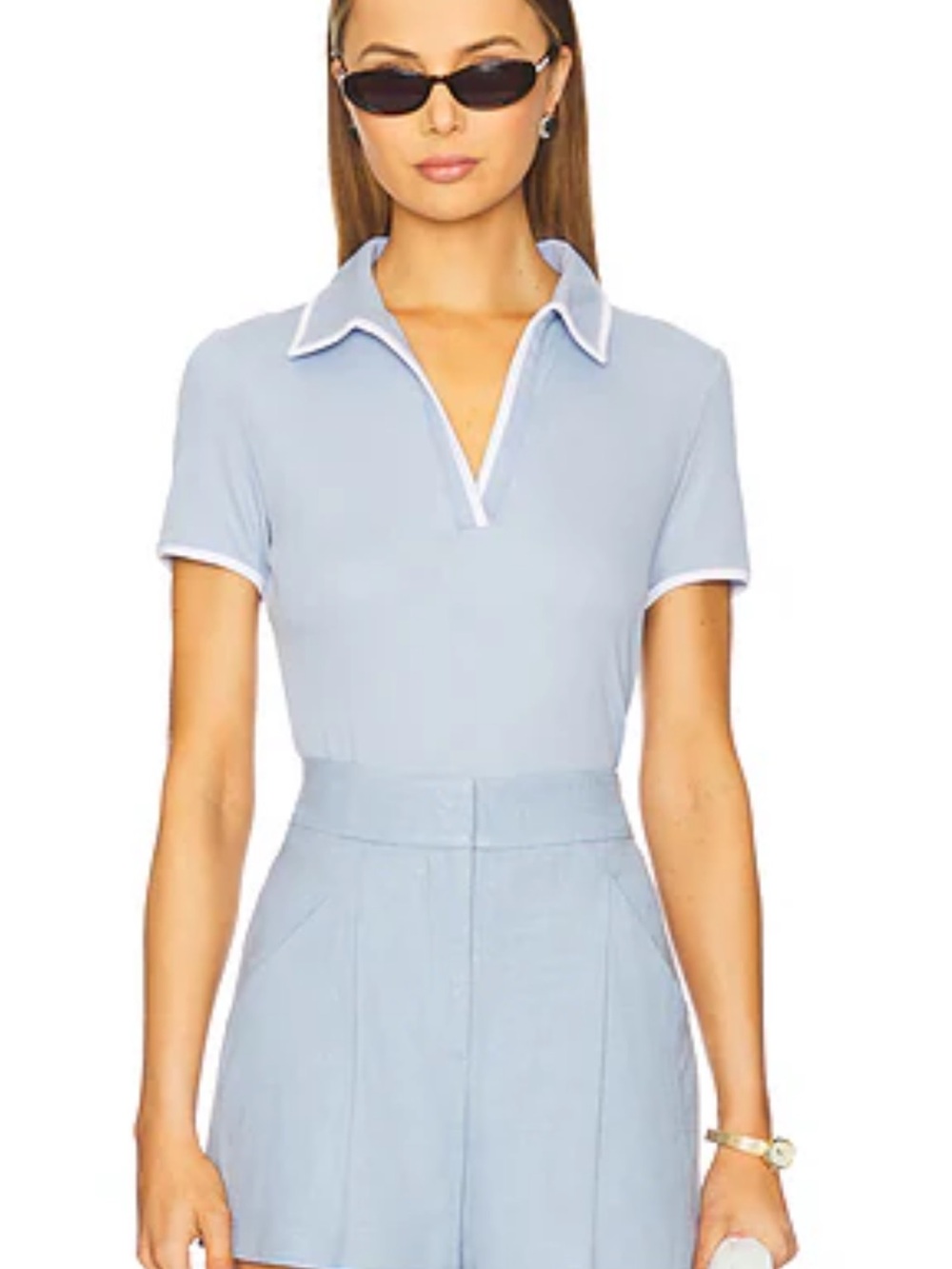 Veronica Beard Kearney Open Collar Light Blue Polo Shirt Top
